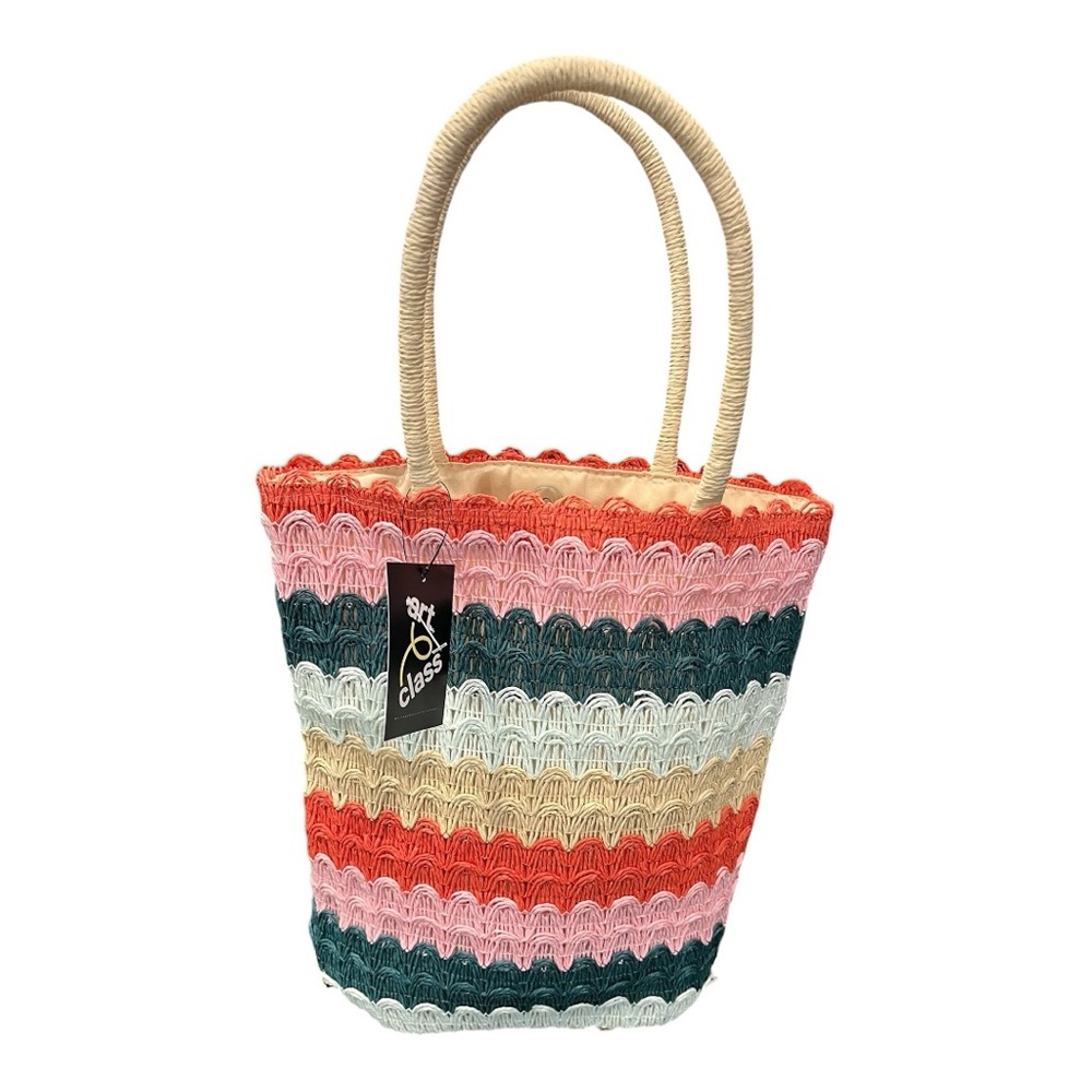 🎨 Art Class Straw Tote Beach Bag – Multi-Colored Striped 🎨